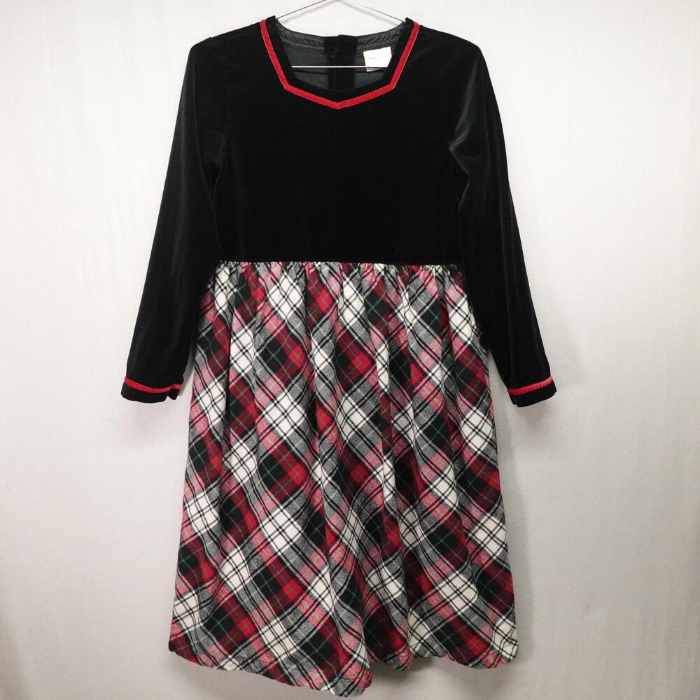 Hanna Andersson Dress Girls 12 Black Plaid Velvet Flannel Long Sleeve Christmas